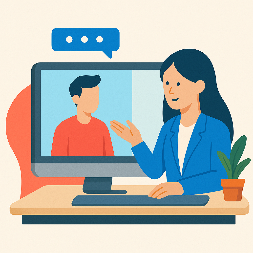 Ilustração de uma mulher conversando com a psicanalista em uma videochamada